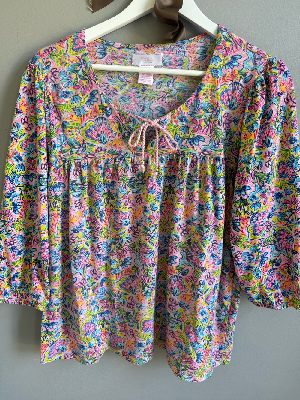 Floral Tie-Front Peasant Blouse in Pink & Blue